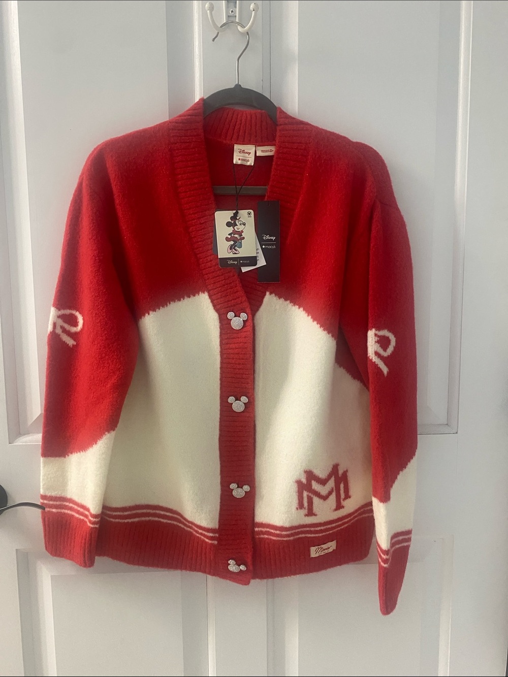 Disney Red and White Men's Mickey Button Cardigan Sweater